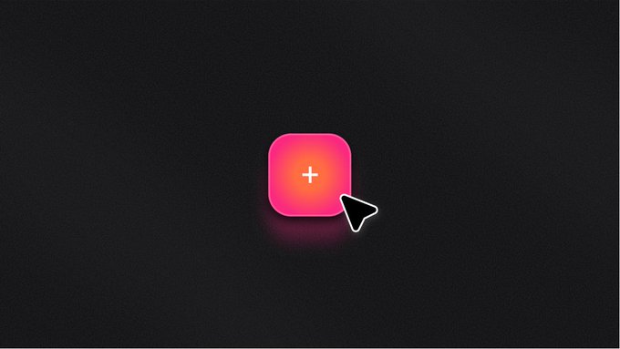 A pink rounded-square icon with a white plus sign sits on a dark background, with a cursor arrow pointing at it.
