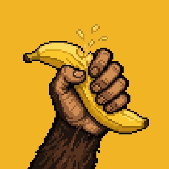 A pixel art illustration shows a brown hand tightly squeezing a banana against a yellow background, with droplets bursting from the fruit. The image visually echoes the post's urgency about a "last chance" opportunity, using the squashed banana as a metaphor for seizing the moment before "mint details" are revealed.