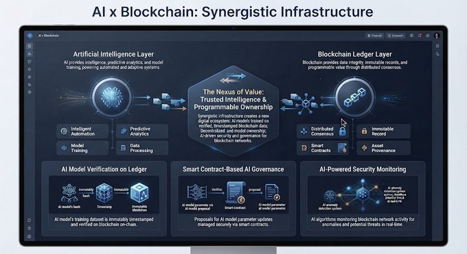An infographic titled 'AI x Blockchain: Synergistic Infrastructure' displayed on a monitor, detailing the integration between an Artificial Intelligence Layer and a Blockchain Ledger Layer, including features like 'AI Model Verification on Ledger' and 'Smart Contract-Based AI Governance'.