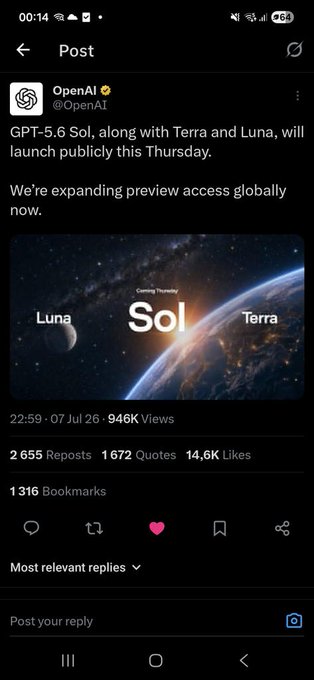 A screenshot of an OpenAI tweet announcing that "GPT-5.6 Sol, along with Terra and Luna, will launch publicly this Thursday," with cosmic imagery showing Luna, Sol, and Terra labeled against space and Earth. The coincidental naming of "Terra" and "Luna" ties into the poster's reference to $LUNC (Terra Luna Classic).