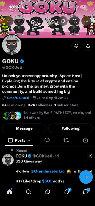An X/Twitter profile for GOKU (@GOKUeti) with a verified badge shows 8.7K followers and a bio about crypto and casino promos, featuring a pinned post for a '$30 Giveaway'.