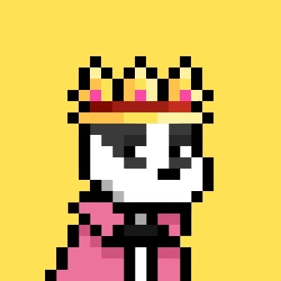 A pixel art character with a crown, monocle, and pink outfit stands against a yellow background.