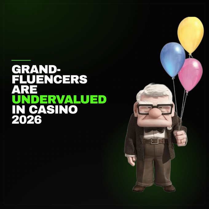 A Pixar-style character resembling Carl from 'Up' holding balloons next to text reading 'GRAND-FLUENCERS ARE UNDERVALUED IN CASINO 2026'.