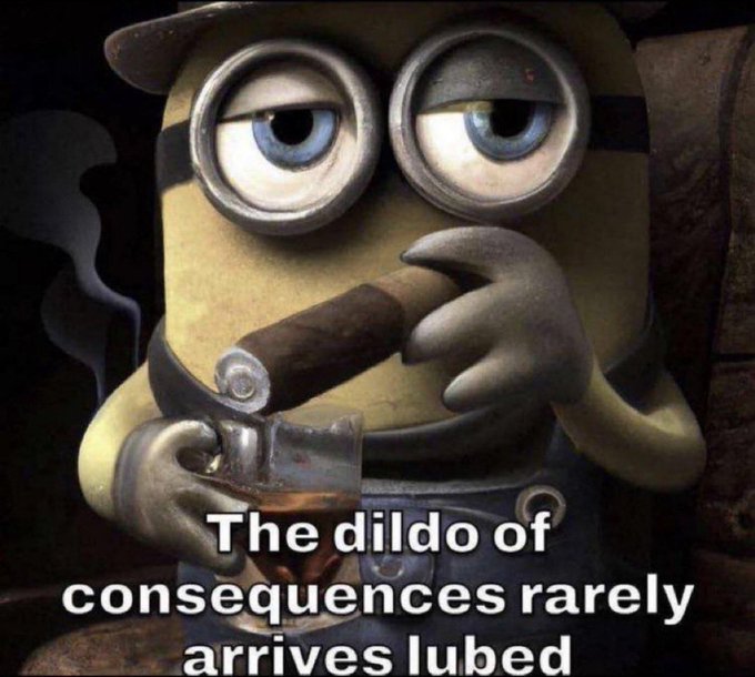 A meme of a Minion character smoking a cigar and holding a drink, with white text reading 'The dildo of consequences rarely arrives lubed'.