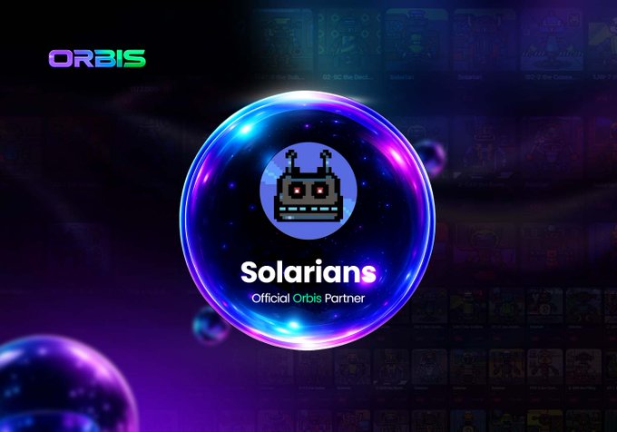 Promotional graphic for "Solarians," an Official Orbis Partner, featuring a pixelated robot character inside a glowing cosmic sphere against a purple space-themed background with the Orbis logo.