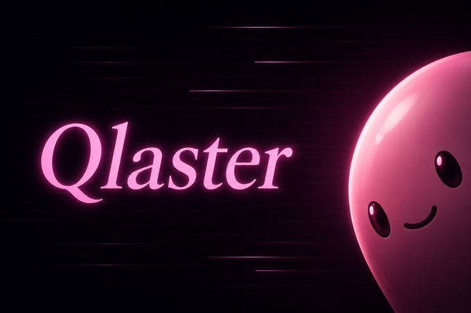 The image features a pink, cartoon-like object with a big smiley face, positioned above the word "Qlaster" written in a larger font size than usual. The background of the image is black, which contrasts with the pink object and makes it stand out more prominently. The text "it' s happening" appears to be related to an event or situation involving the pink object, possibly indicating that something unusual or unexpected has occurred.

The main focus of the image seems to be on the pink object's face and its position above the word "Qlaster".