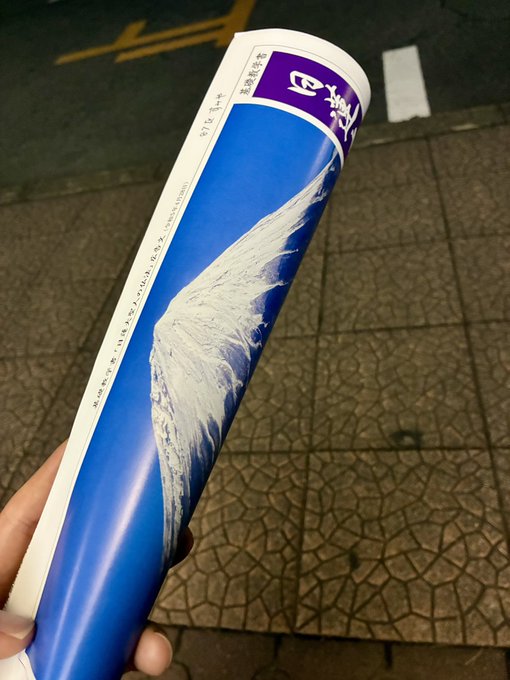 A hand holds a rolled-up poster showing a snowy mountain, likely Mount Fuji, with Japanese text on a purple banner, photographed on a tiled sidewalk at night.