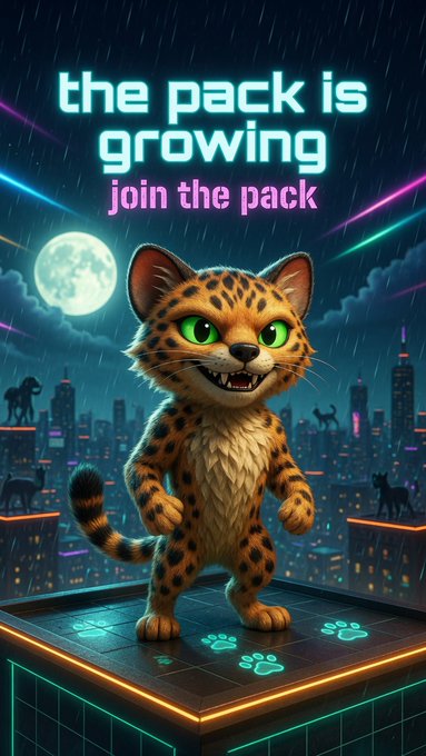 A neon-lit promotional image featuring a 3D animated leopard character with green eyes standing on a glowing platform, with the text 'the pack is growing' and 'join the pack' against a rainy city skyline backdrop.