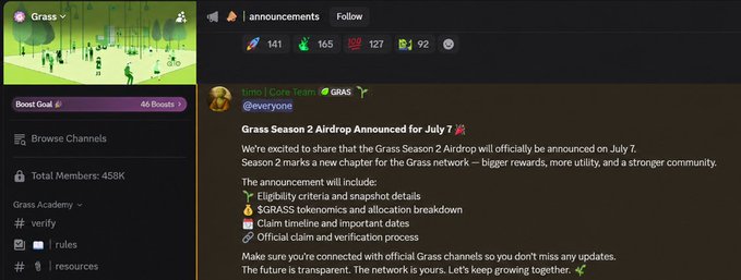 A screenshot of a webpage discussing the release date for an Airdrop notification titled "Grass Season 2 Airdrop July 7?". The website also features a discussion about users sharing screenshots claiming that the announcement will occur on July 7.
