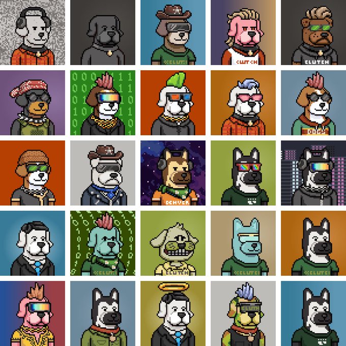 A grid of 24 pixel-art portraits features various dog characters wearing different accessories like sunglasses, hats, and VR headsets in cyberpunk-style designs.