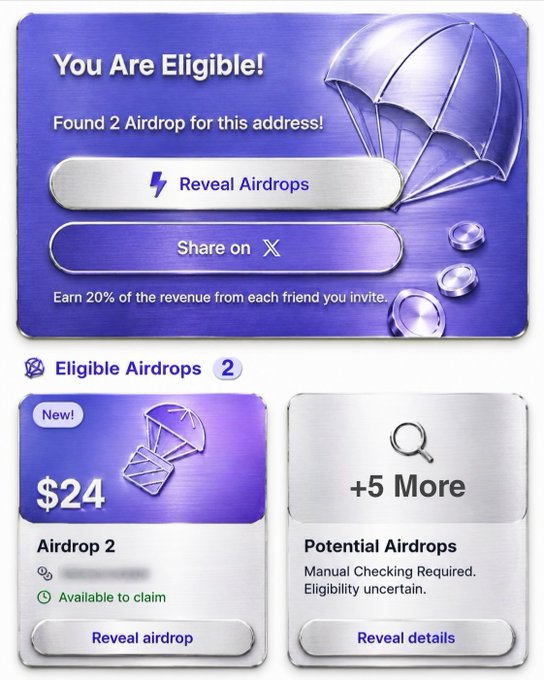 The image displays a Base airdrop eligibility screen showing "You Are Eligible!" with "Found 2 Airdrop for this address," featuring an "Airdrop 2" worth $24 marked "Available to claim" and a "Potential Airdrops" option showing "+5 More" requiring manual checking. The visual illustrates the post's point that users can discover forgotten airdrop rewards across multiple networks by checking their address history.