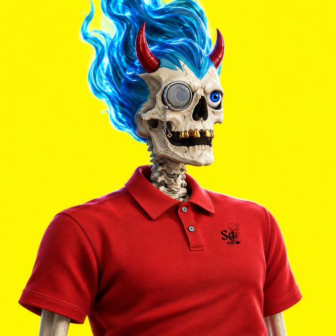 A 3D-rendered character of a skeleton with blue flaming hair, red devil horns, a monocle, and gold teeth, wearing a red polo shirt against a bright yellow background.