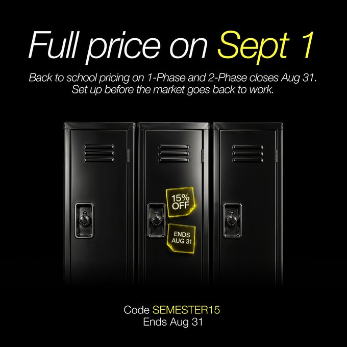 A promotional advertisement featuring black lockers with yellow stickers displaying "15% OFF ENDS AUG 31," announcing full price returns on September 1 for 1-Phase and 2-Phase accounts, with discount code SEMESTER15 valid through August 31.