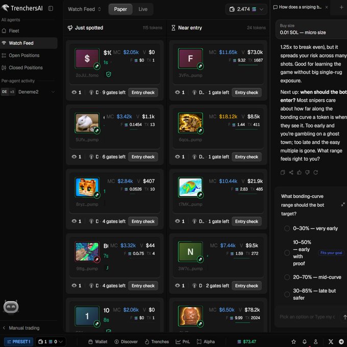 The image shows the TrenchersAI trading dashboard on Solana, featuring a "Watch Feed" with tokens like $1K, 3VFN, 5UFX, 6QCS, and 8ryz displayed alongside market cap figures ranging from $2.05k to $18.12k, with options to copy trades in "0.01 SOL — micro size" amounts. An AI chat panel on the right discusses sniping strategy with "9 gates left" and "1 gate left" entry check buttons visible, illustrating the platform's automated trading terminal functionality that the post advertises as accessible to retail traders.