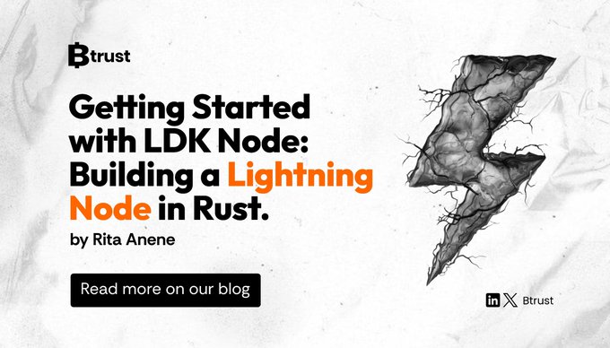 Blog banner by Btrust titled 'Getting Started with LDK Node: Building a Lightning Node in Rust' by Rita Anene, featuring a stylized lightning bolt graphic.