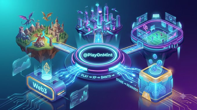 A digital isometric graphic of a Web3 ecosystem featuring fantasy, city, and sports environments connected by glowing platforms labeled '@PlayOnMint', 'Web3', and 'PLAY → XP → $MNTD → STAKE → REWARDS'.