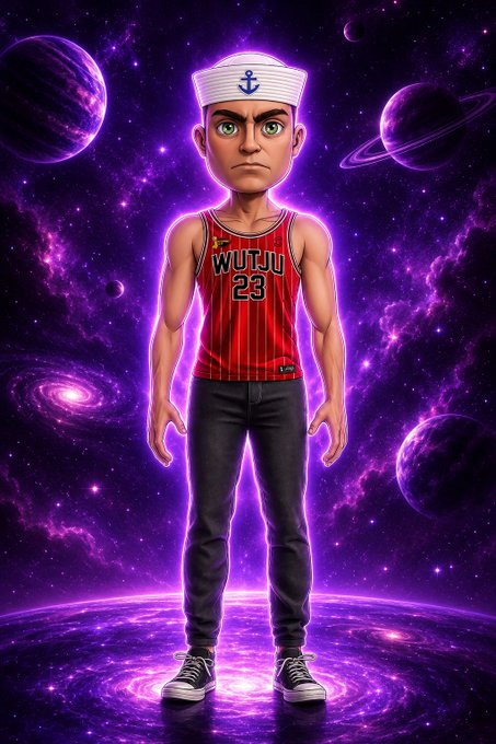 A stylized digital illustration of a stern young man wearing a sailor hat with an anchor, a red 'WUTJU 23' basketball jersey, and jeans, standing against a cosmic purple space backdrop with planets and galaxies.