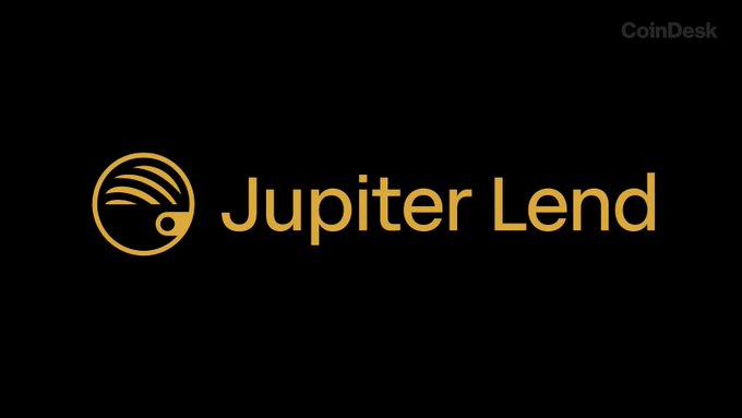 The image displays the "Jupiter Lend" logo in gold against a black background, featuring a stylized planet icon, with "CoinDesk" watermarked in the top right corner. The logo represents Jupiter Exchange's new Lend v2 product launch on Solana, as referenced in the accompanying post.