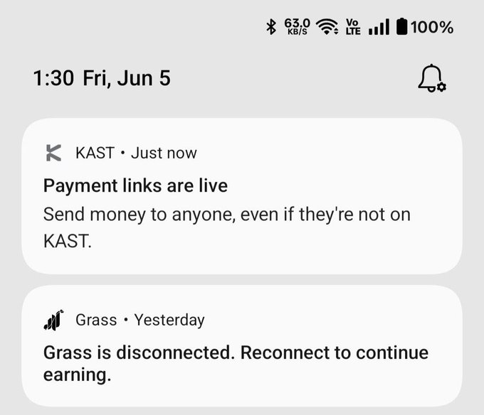 The image shows an electronic display of an app screen featuring various messages from KAST. The main text appears to be related to payment links, stating that payment links are live at the moment and recipients should send money to anyone who's email address is listed in the message for them to receive a payment.