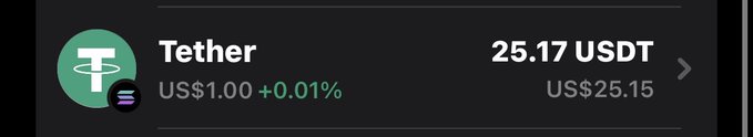 The image shows a Tether (USDT) cryptocurrency listing displaying 25.17 USDT with a price of US$1.00 (+0.01%), which corresponds to the $25 USDT giveaway amount mentioned in the tweet announcing a giveaway by @yarodegen.