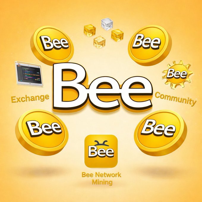 A promotional graphic for Bee Network showcases the ecosystem's key features—Exchange, Community, Mining, and cryptocurrency tokens—surrounding a central "Bee" logo, visually reinforcing the platform's multi-faceted services ahead of its P2P launch announcement.