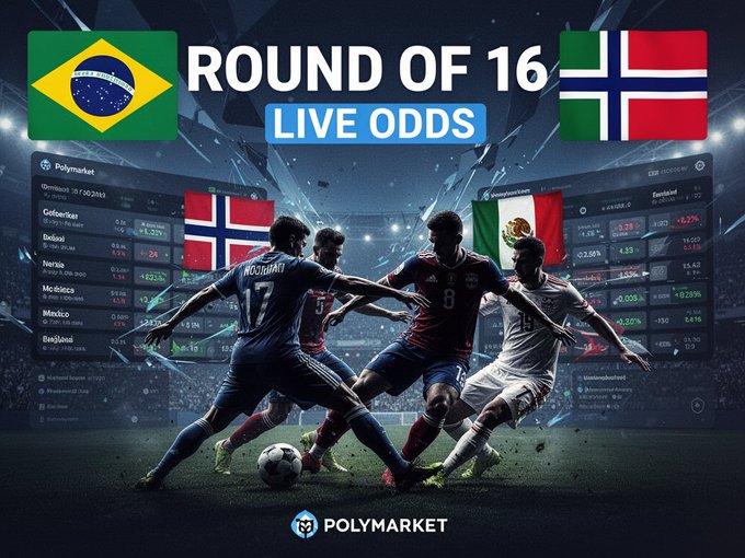 A promotional graphic for Polymarket featuring "ROUND OF 16 LIVE ODDS" with Brazilian and Norwegian flags flanking the title, showing stylized soccer players competing for the ball beneath illuminated screens displaying live betting odds data, perfectly illustrating the post's announcement of Brazil vs Norway and Mexico vs England matchups available for live trading on the platform.
