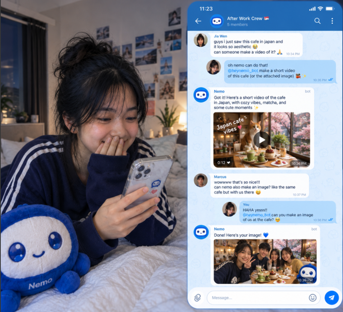 A young woman smiles while looking at her phone next to a Discord chat screenshot titled 'After Work Crew' where a 'Nemo' bot is generating an image.