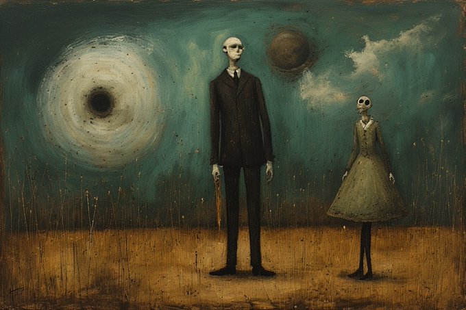 A dark surrealist painting in muted teal and brown tones, depicting two gaunt, faceless figures in formal attire standing in a barren field, with a swirling vortex and dark sphere in the sky above them.