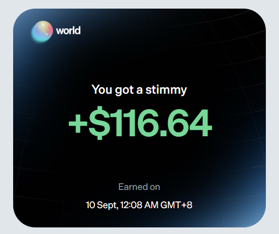 A "World" crypto project notification showing a reward of "+$116.64" earned on 10 Sept, 12:08 AM GMT+8, which aligns with the post's instructions on using a Korean VPN region and compatible wallets like Bitget or Phantom to claim a Worldcoin (WLD) airdrop/stimmy.