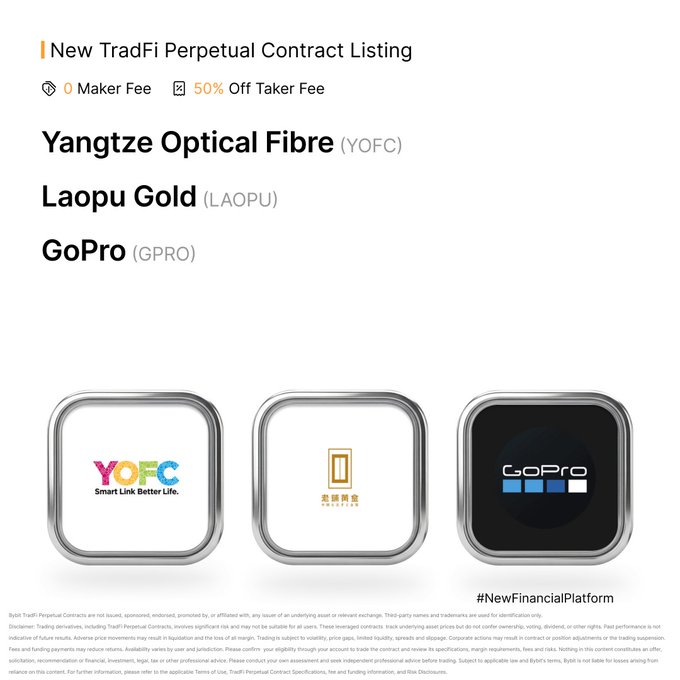 A Bybit announcement promoting the listing of new TradFi Perpetual Contracts for Yangtze Optical Fibre (YOFC), Laopu Gold (LAOPU), and GoPro (GPRO), featuring 0% maker fees and 50% off taker fees, with the corresponding company logos displayed below each ticker.