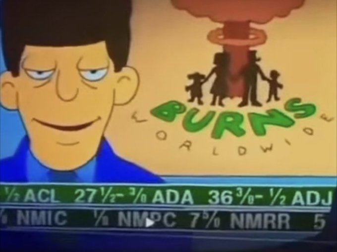 The image shows a scene from The Simpsons featuring Monty Burns alongside the "Burns Worldwide" logo and a stock ticker displaying "ADA 36 ⅜," which crypto enthusiasts have pointed to as a humorous "prediction" of Cardano's price, despite ADA not existing in 1991.