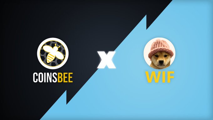 The image shows a split design with "COINSBEE" featuring a bee logo on the left and "WIF" with a dog wearing a pink knitted hat on the right, separated by an "X" symbol, visually representing the partnership between the gift card platform Coinsbee and the meme coin dogwifhat ($WIF) for purchasing gaming gift cards.