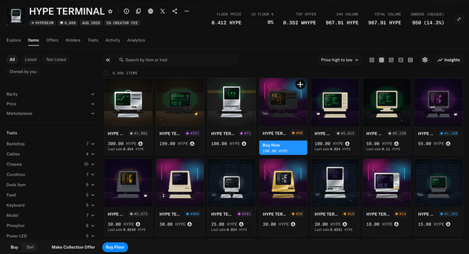 The screenshot shows the Hype Terminal NFT marketplace on HyperEVM, displaying 6,666 items (mostly retro computer-themed NFTs called "HYPE" and "HYPE TER...") with a floor price of 0.412 HYPE, total volume of 907.91 HYPE, and 950 owners, with one item (item #30) currently being "Buy Now" listed at 0.352 HYPE.

This matches the post about claiming a free HypeTerminal NFT and checking its 0.41 HYPE floor price on OpenSea, illustrating the post's point that the HyperEVM ecosystem is moving beyond meme coins into NFTs.