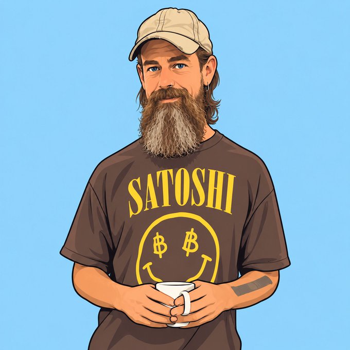 A bearded, cap-wearing man is illustrated holding a mug while wearing a brown "SATOSHI" t-shirt featuring a smiley face with ₿ symbols for eyes, tying into the post's Bitcoin banking news by honoring the cryptocurrency's pseudonymous founder in a relaxed, meme-friendly style.