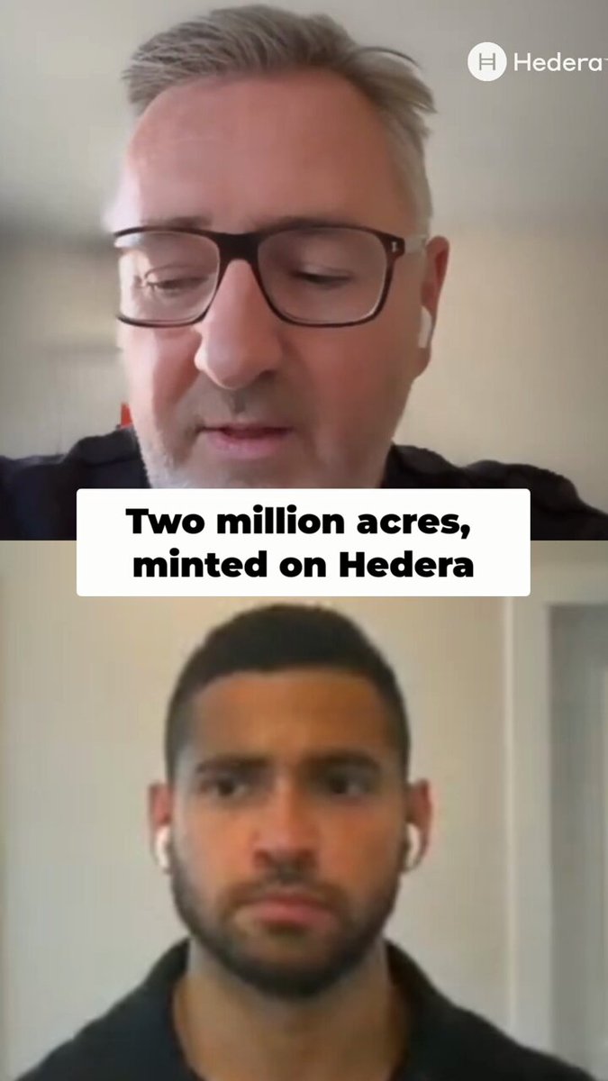 The image shows two men with glasses talking to each other. The man on the left has a serious expression while the man on the right appears to be smiling. They are both wearing earbuds or headphones, suggesting that they might be engaged in an online conversation. The caption below the image reads "Two million acres of farmland. And every carbon credit flowing through DOVU will be minted on @hedera A real-world use case designed to create new revenue streams for farmers while bringing greater transparency to carbon markets". This caption is likely related to a post about sustainable agriculture and carbon credits, as indicated by the image's context.