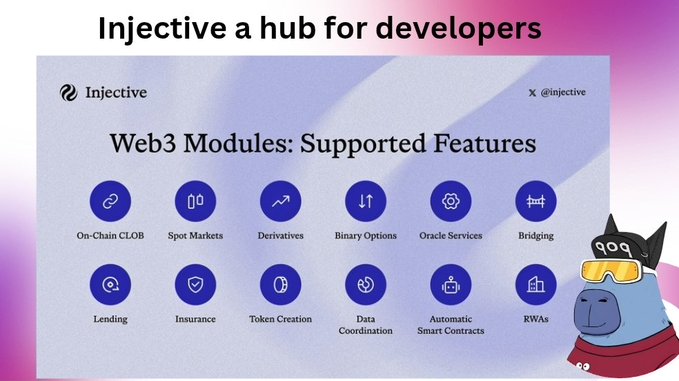 An Injective presentation slide titled 'Injective a hub for developers' showcases 'Web3 Modules: Supported Features' including On-Chain CLOB, Spot Markets, Derivatives, Binary Options, and more, accompanied by a cat mascot character.
