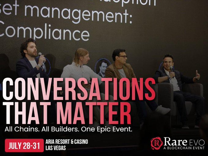 The image is a promotional graphic for Rare Evo 2026, featuring four panelists seated on stage with text overlay reading "CONVERSATIONS THAT MATTER," "All Chains. All Builders. One Epic Event," and event details "JULY 28-31, ARIA RESORT & CASINO, LAS VEGAS," with the Rare EVO logo in the bottom right. It visually aligns with the post by promoting the Las Vegas blockchain conference and showcasing the panel discussions that will feature Senator Bernie Moreno and other industry leaders.