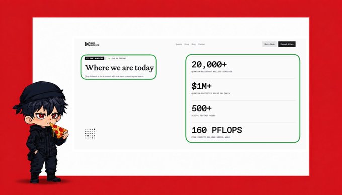 The image features a website called Quip, which appears to be a platform for selling digital assets like artwork or music. The website displays a list of numbers, including one that says "20,000+", indicating the price range of the items being sold on the site. There is also a person holding a slice of pizza in front of the website, suggesting that Quip might be associated with some form of digital currency or payment system related to the sale of digital assets. The image also includes text about where we are today and what's happening on the mainnet.