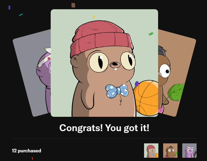 A digital interface showing three cartoon animal characters, with the center card highlighted and the text 'Congrats! You got it!' below it, along with '12 purchased'.