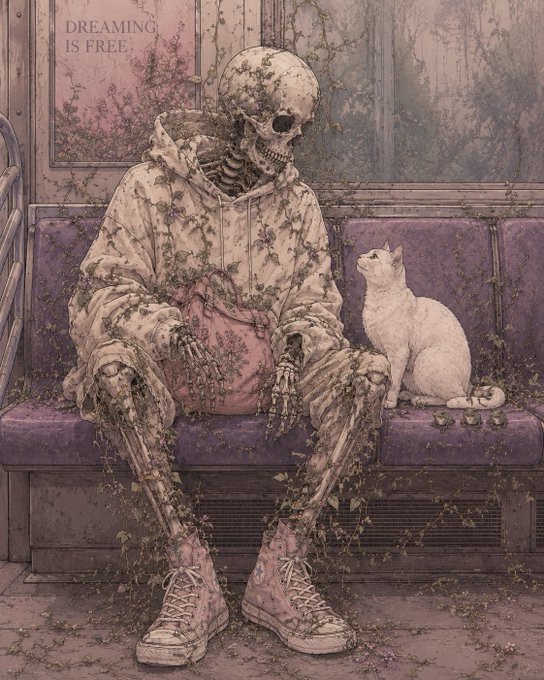 A skeletal figure wearing a pink hoodie and pink boots sits on a subway seat, overgrown with vines and leaves, sharing the space with a white cat. Above the scene, a poster reads "DREAMING IS FREE," reinforcing the post's contemplative question about whether we still dream, while the intertwined nature reclaiming the skeleton evokes themes of decay, solitude, and the fleeting nature of aspirations.