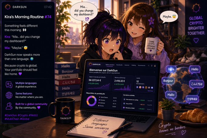 An anime-style promotional graphic for 'DARKSUN' with the headline 'Kira's Morning Routine #74', featuring two characters discussing a dashboard, with text 'GLOBAL CRYPTO BRIGHTER TOGETHER.'