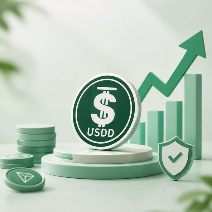 A 3D-rendered green and white scene features a large USDD coin centered on a podium, flanked by a rising bar chart with an upward arrow, a security shield with a checkmark, and smaller USDD and TRX tokens. The image visually reinforces the post's message by symbolizing USDD's simplified, secure, and profitable DeFi yield opportunities within the TRON ecosystem.