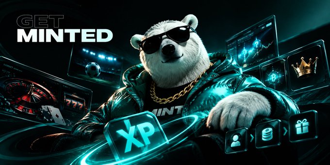 A promotional graphic reading 'GET MINTED' featuring a polar bear wearing sunglasses and a gold chain in a futuristic teal-lit setting with gaming/crypto icons including XP, a crown, and gift symbols.