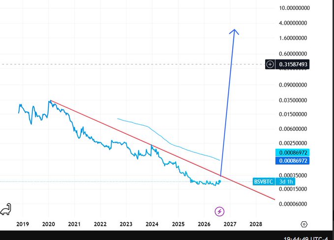 A logarithmic chart of BSVBTC (BSV/BTC pair) shows a long-term downtrend from 2019 through 2026, with the price around 0.00086972, but a hand-drawn blue arrow projects a dramatic breakout toward the highlighted 0.31587493 level — illustrating the poster's bullish claim that BSV will be worth multiple BTC within 2-3 years.