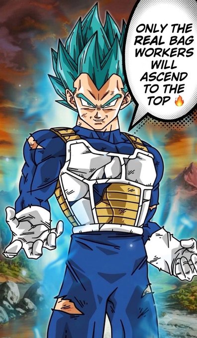 An anime illustration of Vegeta in Super Saiyan Blue form with battle damage on his armor, saying 'ONLY THE REAL BAG WORKERS WILL ASCEND TO THE TOP 🔥' in a speech bubble.