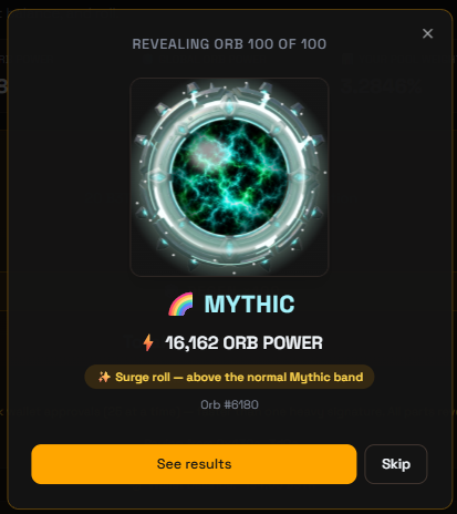 A digital 'REVEALING ORB 100 OF 100' screen displaying a glowing green orb, labeled 'MYTHIC' with '16,162 ORB POWER' and a 'Surge roll – above the normal Mythic band' notification, with options to 'See results' or 'Skip'.
