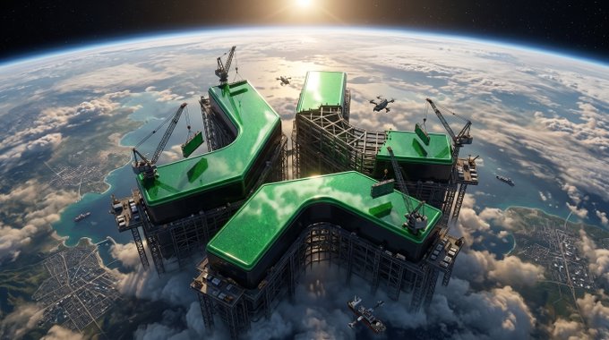 A surreal 3D render of a massive green 'X' structure under construction with cranes and drones, floating above Earth with clouds and cityscapes visible below.
