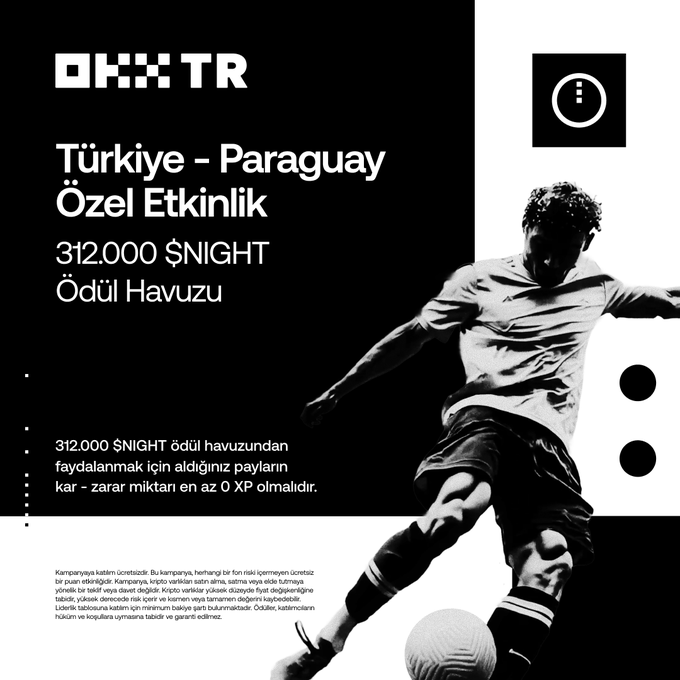 The image features an advertisement for a soccer match between Turkey and Paraguay. The main focus of the advertisement is a man kicking a soccer ball, showcasing his skills as a soccer player. The text in the image includes information about the special prize pool available for those who choose to participate in the Atan Alır Campaign Pick the match result and claim your share from the 312,000  $NIGHT prize pool. Additionally, there is a post on social media that encourages people to pick their preferred match result and claim their share of the prize money.
