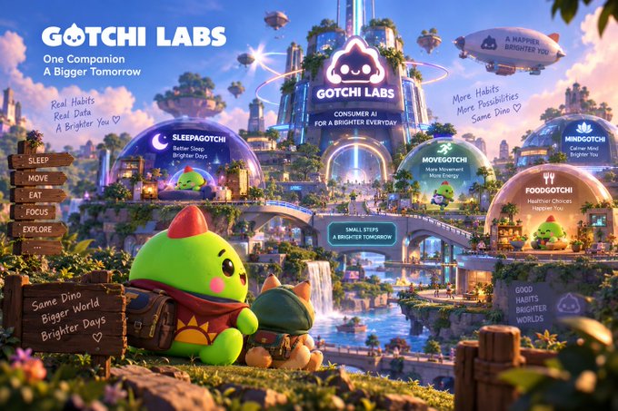 A colorful promotional image for 'GOTCHI LABS' featuring a green cartoon dinosaur character and various domed habitats labeled 'SLEEPAGOTCHI', 'MOVEGOTCHI', 'MINDGOTCHI', and 'FOODGOTCHI'.