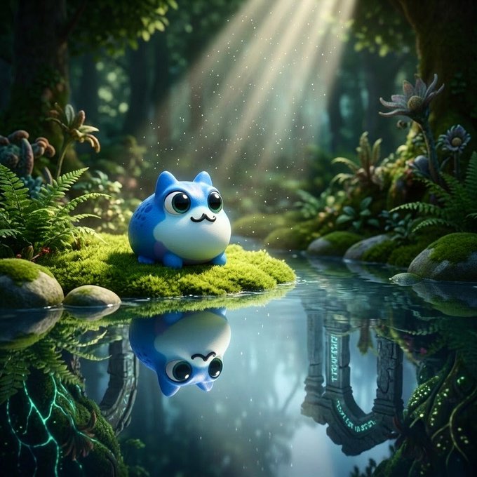 A whimsical 3D-rendered illustration of a cute blue cat-like creature sitting on a mossy patch beside a reflective pond in a magical forest setting with sunbeams.